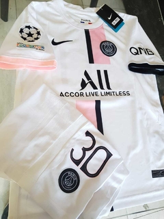 Kit Niño Camiseta + Short PSG Suplente Blanco Messi #30 2021 2022 Parches UCL - tienda online