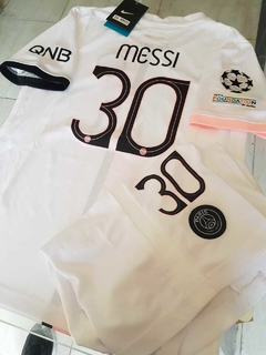 Kit Niño Camiseta + Short PSG Suplente Blanco Messi #30 2021 2022 Parches UCL - comprar online