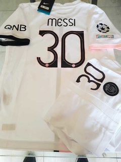 Kit Niño Camiseta + Short PSG Suplente Blanco Messi #30 2021 2022 Parches UCL