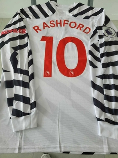 Camiseta adidas Manchester United Manga Larga Suplente Blanca Rashford #10 2020 2021 Parches Premier - Roda Indumentaria