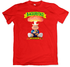 Remera retro figuritas basuritas garbage pail kids adam bomb roja