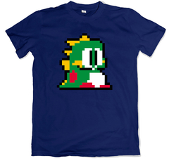 Remera videojuegos retro bubble bobble dragón verde azul marino