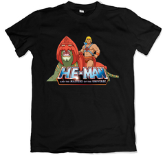 Remera dibujos animados clásicos he-man and the masters of the universe he man y battlecat negra
