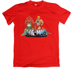 Remera dibujos animados clásicos he-man and the masters of the universe he man y battlecat roja