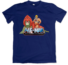 Remera dibujos animados clásicos he-man and the masters of the universe he man y battlecat azul marino
