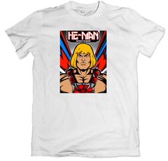 Remera dibujos animados clásicos he-man and the masters of the universe he man poster blanca
