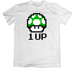 Remera videojuegos clásicos nintendo super mario bros honguito verde 1up blanca