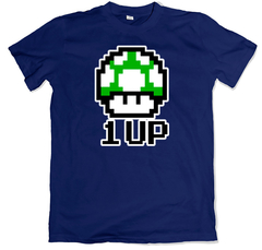 Remera videojuegos clásicos nintendo super mario bros honguito verde 1up azul marino