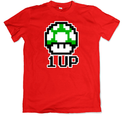 Remera videojuegos clásicos nintendo super mario bros honguito verde 1up roja