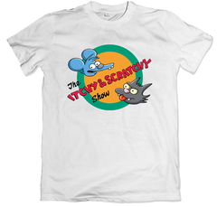 Remera los simpson itchy and scratchy show tommy y dale blanca