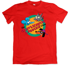 Remera los simpson itchy and scratchy and poochie show tommy y daly roja