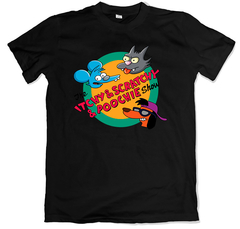 Remera los simpson itchy and scratchy and poochie show tommy y daly negra