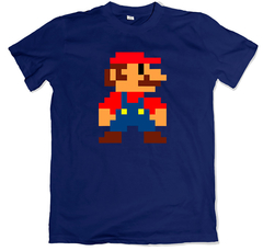 Remera videojuegos clásicos nintendo super mario bros mario 8 bit azul marino