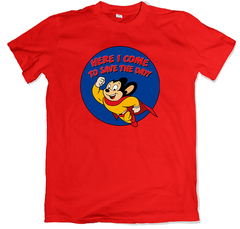 Remera dibujos animados retro el super ratón mighty mouse here i come to save de day roja