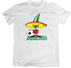 Remera retro mundial futbol mexico 86 mascota pique blanca