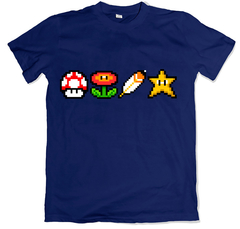 Remera videojuegos clásicos nintendo super mario bros power ups azul marino