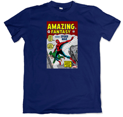 Remera cómics portadas clásicas spiderman amazing fantasy azul marino