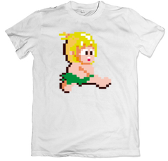 Remera videojuegos clásicos arcade wonder boy saltando blanca