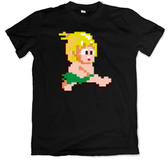 Remera videojuegos clásicos arcade wonder boy saltando negro