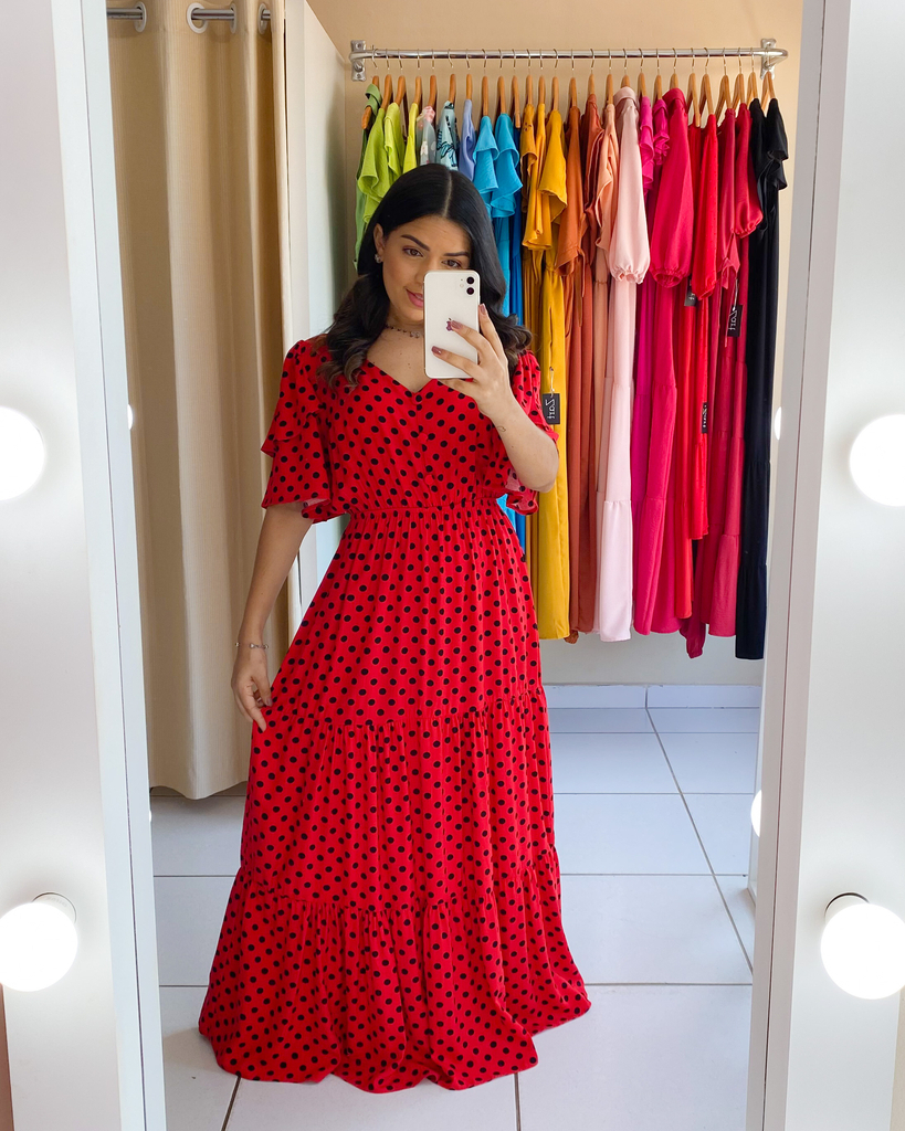 Vestido Longo de Manga Poá (Vermelho) - Loja Zart