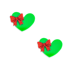 Aplique Coração Acrílico Verde e Laço Vermelho