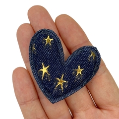 Aplique Coração Jeans Escuro com Estrelas Douradas - 2 unidades - comprar online