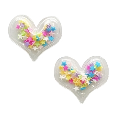 Aplique Coração Plástico com Confete Estrelas Coloridos