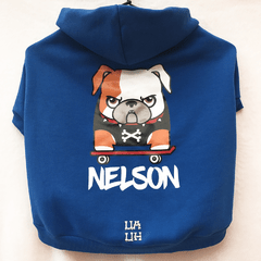 Agasalho Moletom Cor Azul Personalizado com Nome e Mascote Bulldog Skatista