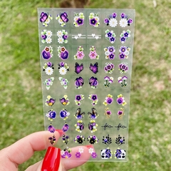 Cartelão Adesivos de unha 3D flores e borboletas roxo ref.AD56