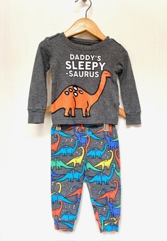 0/3m | The Childrens place | pijama 2 piezas gris Daddy's sleepy-saurus dinos colores