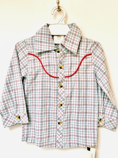 3A | Kate Quinn Organics | camisa manga larga vaquera celeste cuadrille rojo