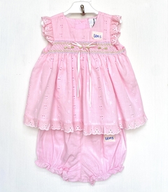 6 a 9 meses | Rare Editions | Vestido rosa broderie con bombachudo (2 piezas)