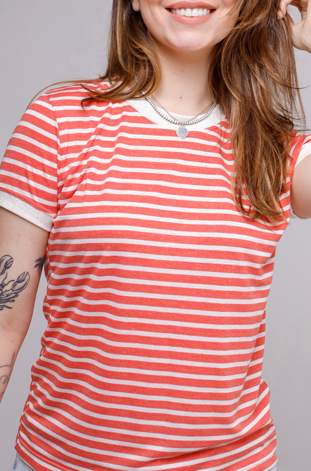 Camiseta Feminina Ringer Listrada Coral - loja online