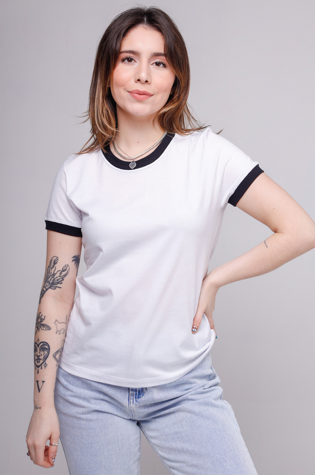 Camiseta Feminina Ringer Branco / Preto - Rocket Camisetas