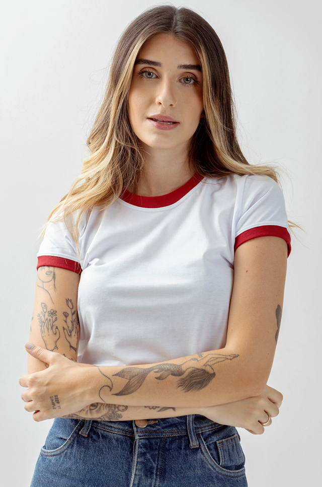 Camiseta Feminina Ringer Branco / Vermelho