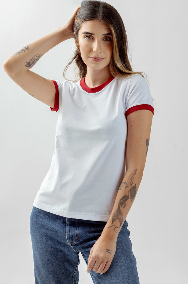 Camiseta Feminina Ringer Branco / Vermelho na internet