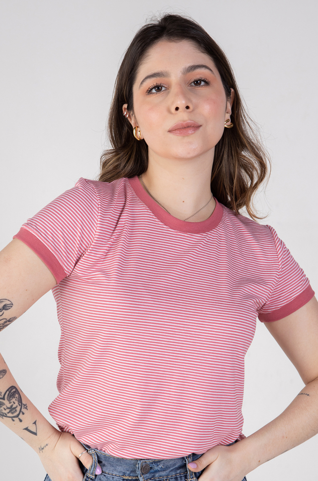 Camiseta Feminina Ringer Listrada Rosa / Branco