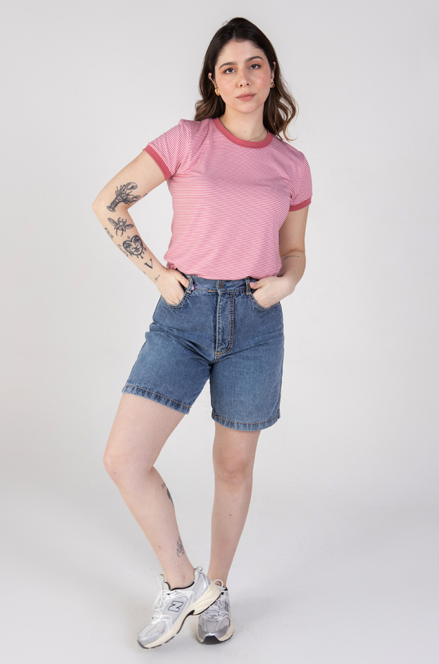 Camiseta Feminina Ringer Listrada Rosa / Branco - loja online