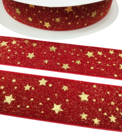 Fita Lurex Vermelho com Estrelas Douradas 38mm(Metro)