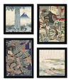 Coleção 4 Quadros Arte Classica Japonesa Paisagens Samurais