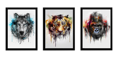 Kit 3 Quadros Decorativos Lobo Tigre Gorila Arte Selvagem