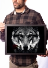 Quadro Lobo Com Rosa Na boca  Poster Na Moldura