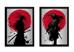 Kit 2 Quadros A4 Samurai Ronin Arte Sol vermelho Espada