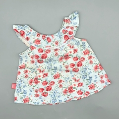 Remera Mimo Talle XS (0-3 meses) cuello paisana algodón celeste flores rojas - comprar online