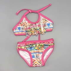Segunda Selección - Bikini NUEVA Talle 2 (12-18 meses) rosa diseño tribal blanco naranja celeste marrón flecos