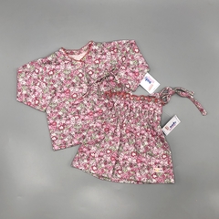 Set Pampero Talle 0-3 meses algodón florcitas fucsia rosa (vestido y bata)