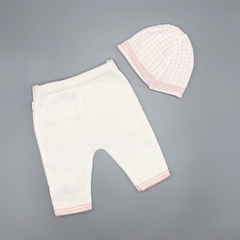 Set Magdalena Espósito Talle 0 meses tejido blanco lunares lineas rosa (gorro y jogging 31 cm largo)