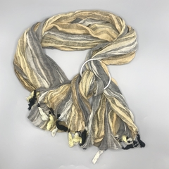 Segunda Selección - Fular portabebe lino rayas beige marrón flecos negros aros metalicos (1 mts largo)