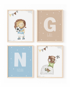 Conj. 4 Quadros Para Quarto Infantil - Bichinho Futebol Gael e Noah