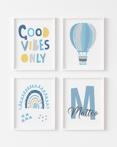 Kit 4 Quadros Para Quarto Infantil - Balão Good Vibes Only Matteo